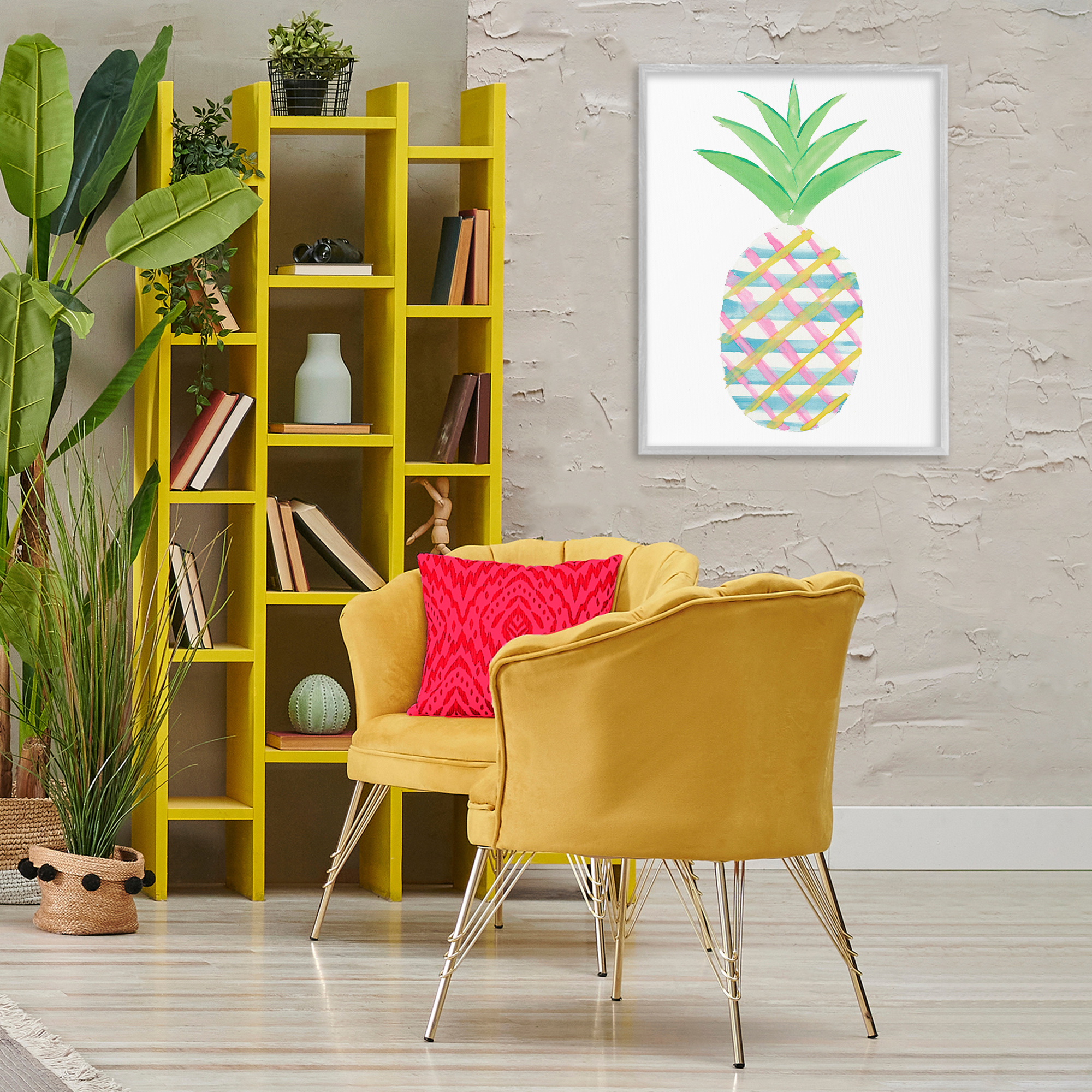 Stupell Industries Plaid Pineapple Fruit Food & Beverage Painting Gray Framed Art Print Wall Art, 24 x 30