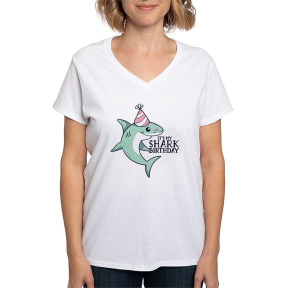 CafePress - Shark Birthday T Shirt - Womens Cotton V-Neck T-shirt