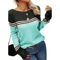 thumbnail image 2 of Women Autumn Winter Colorblock Pullover Sweaters Round Neck Striped Slim Fitting Knitwear Tops, 2 of 9