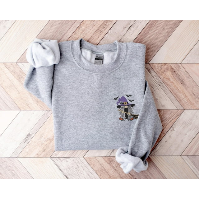Embroidered Witch Sweatshirt, Embroidered Halloween Sweatshirt, Halloween Gnome Sweatshirt - Sport Grey - S