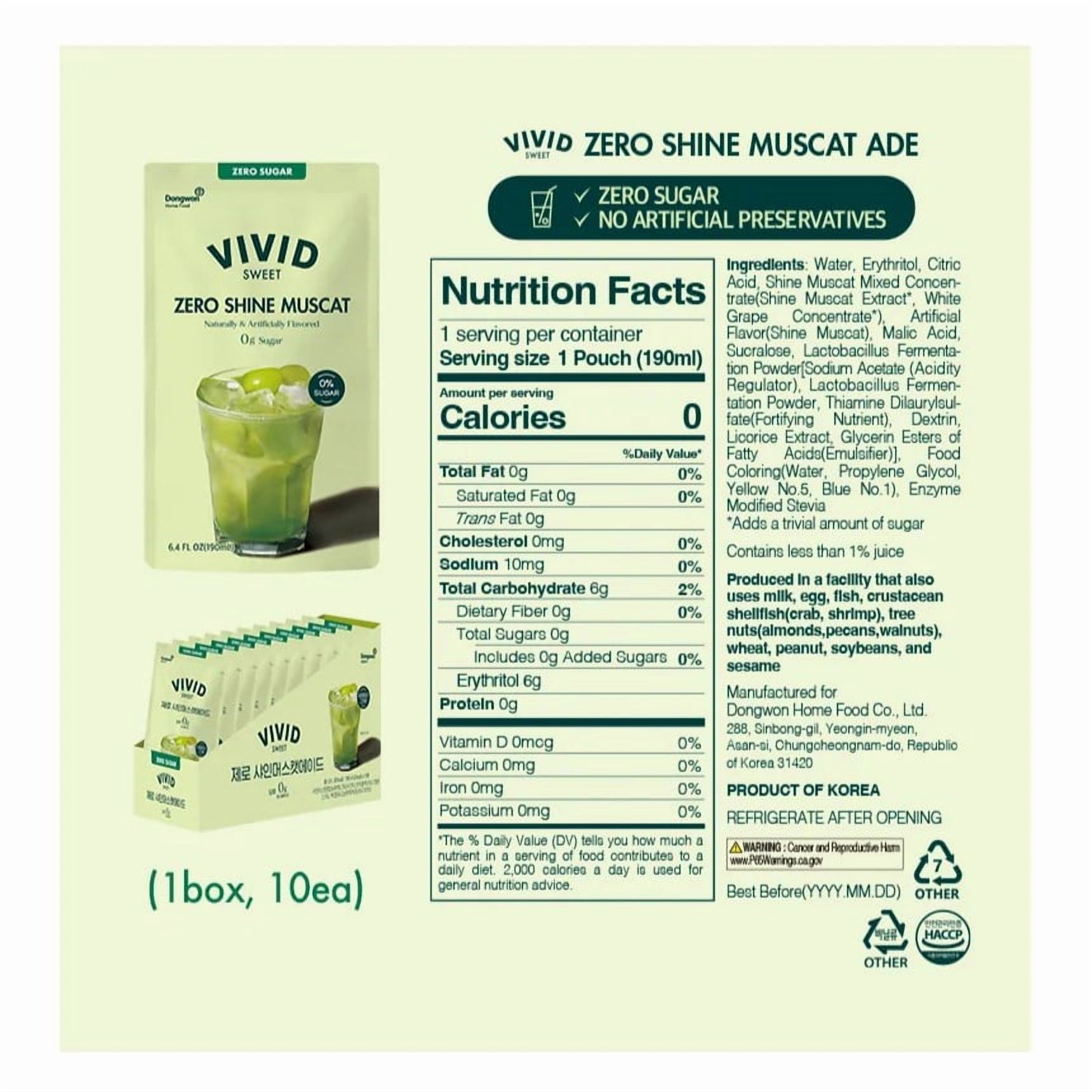 Vivid Sweet - Korean Grape Ade, Zero Sugar, Zero Calories, No Artificial Preservatives or Corn Syrup, 6.4 fl oz (10 Pouch) (10 Pouch, Zero Shine Muscat Grape Ade)