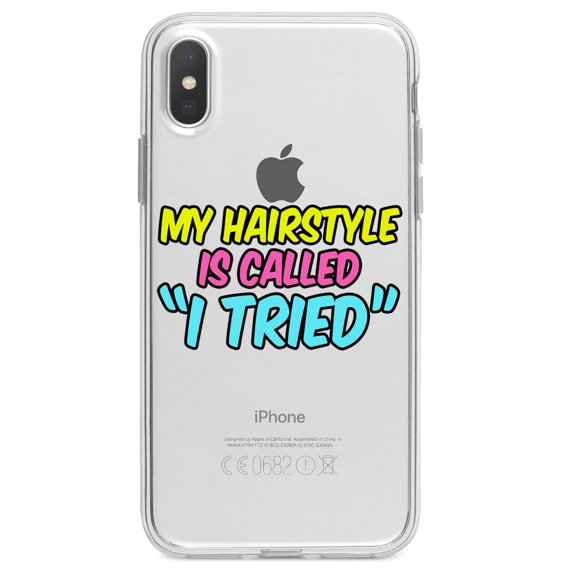 DistinctInk Clear Shockproof Hybrid Case for iPhone XR (6.1" Screen) - TPU Bumper Acrylic Back Tempered Glass Screen Protector - My Hairstyle is Called "I Tried"