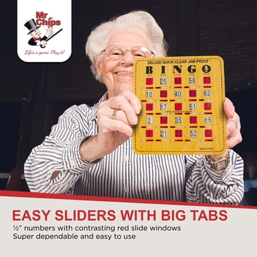 MR CHIPS Jam-Proof Bingo Cards With Sliding Windows, 50 Reusable Shutter Cards 75 Calling Cards 1 Master Board In Tan Woodgrain Style