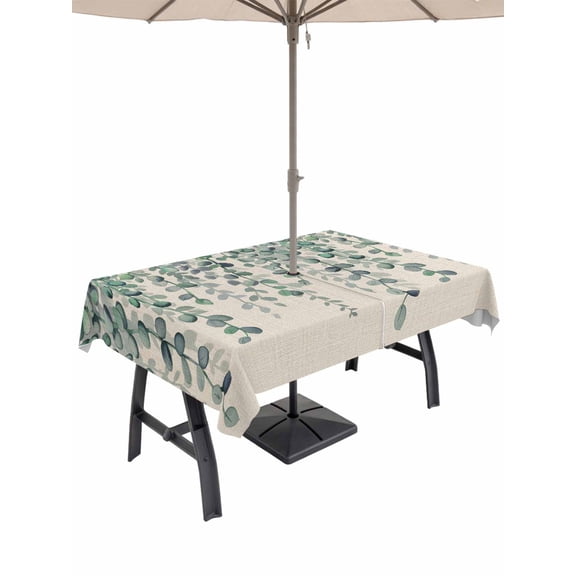 Outdoor Tablecloths with Umbrella Hole & Zipper, Teal Green Eucalyptus Leaves 54x80 Inch Tablecloth Rectangle, Spring Plants Country Beige Waterproof Table Cloth, Patio/Pool/Picnic Table Covers