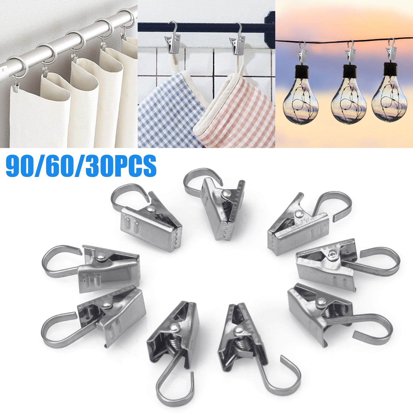 30pcs Drapery Clips Hook Window Shower Curtain Rings Rod Clips Stainless Steel
