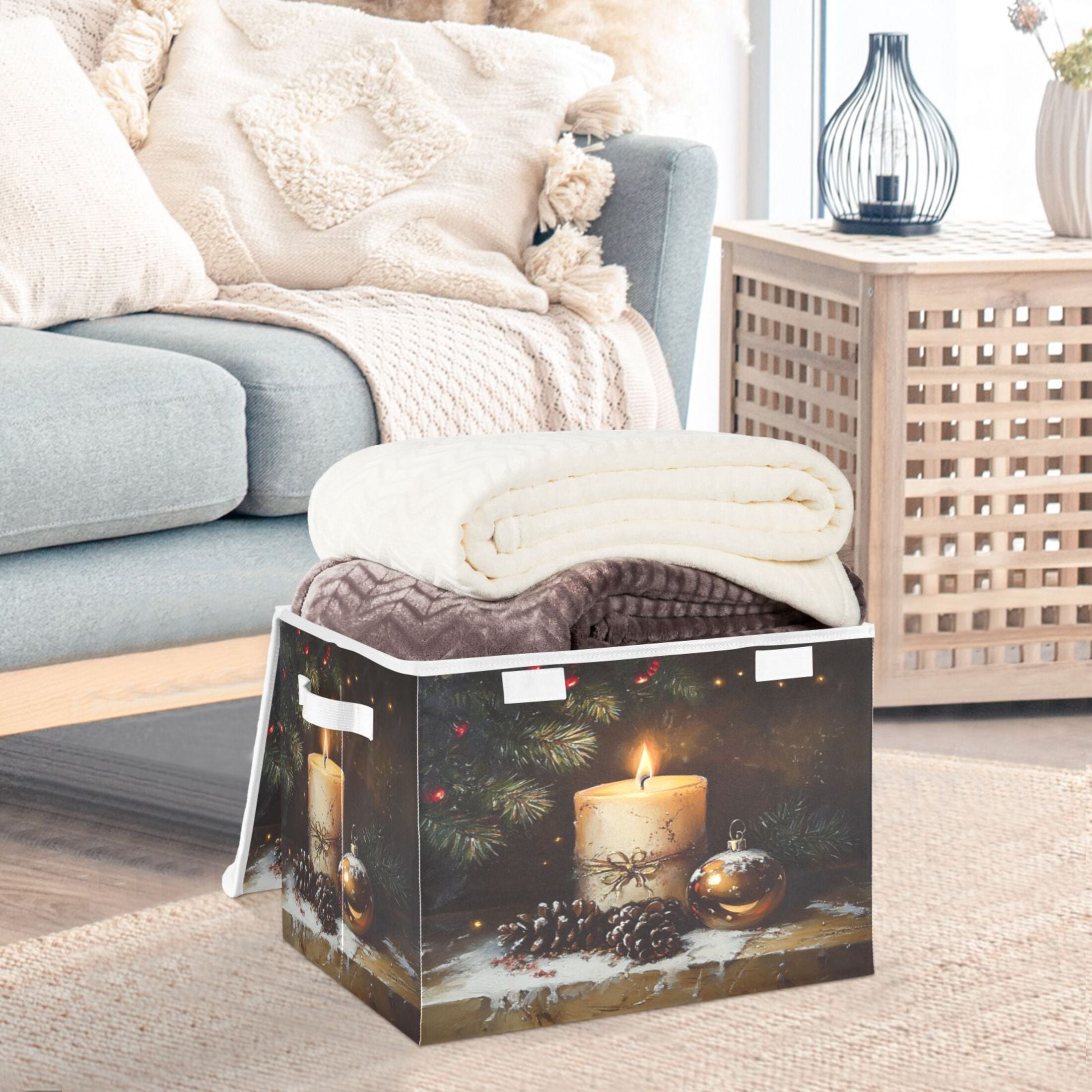 Storage Box With Lid 16.5x12.6x11.8In Foldable Stacked Household Storage Box Beautiful Christmas Candle Picture