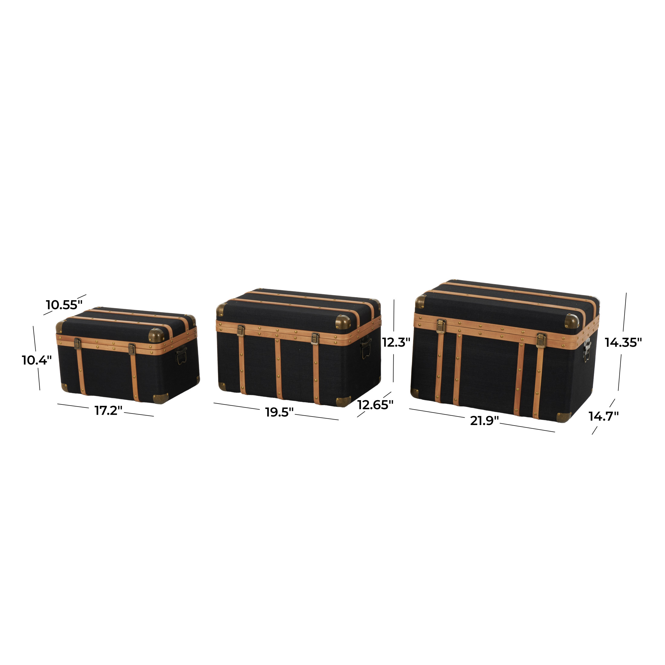 DecMode 22" x 14" Black Fabric Trunk with Brass Metal Latches and Brown Wooden Accents, 3-Pieces