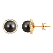 Rosec Jewels 7 MM Tahitian Pearl Stud Earring for Women with Diamond Halo, 18K Yellow Gold