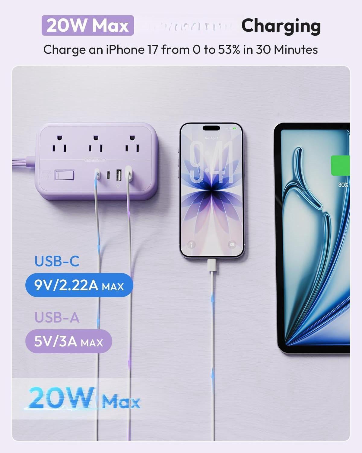 Purple Extension Cord Surge Protector Power Strip With 6 Outlets 4 Usb Ports(20w)  Flat Multiple 5 Ft Plug Outlet Extender For Indoor Office