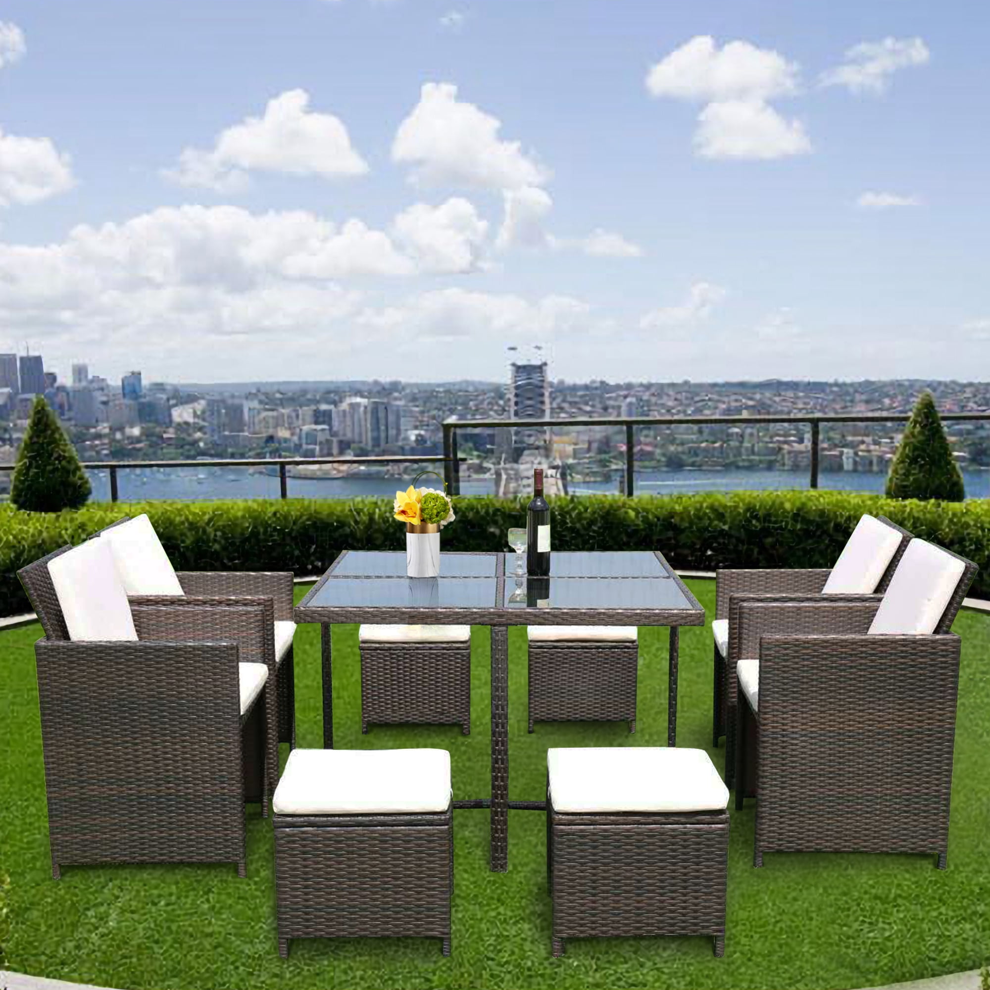 Outdoor Patio Furniture Sets 9 Piece Outdoor Wicker Sectional Conversation Set With Ottomans Glass Table Space Saving Outdoor Patio Dining Set Durable Outdoor Furniture Sets With Cushion R1517 Walmart Com Walmart Com
