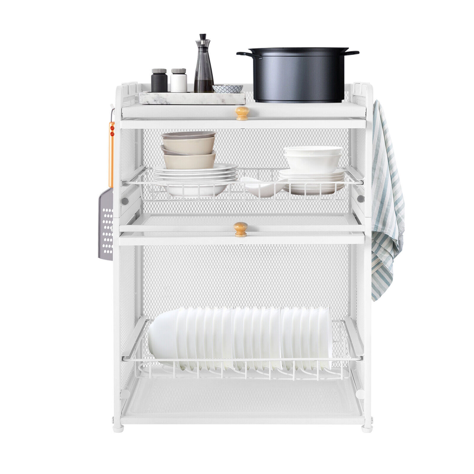 3-Tier Dish Drying Rack with Pull-Out Drain Tray – Durable Carbon Steel Kitchen Organizer with Flip Door and Hooks for Plates, Bowls, and Utensils