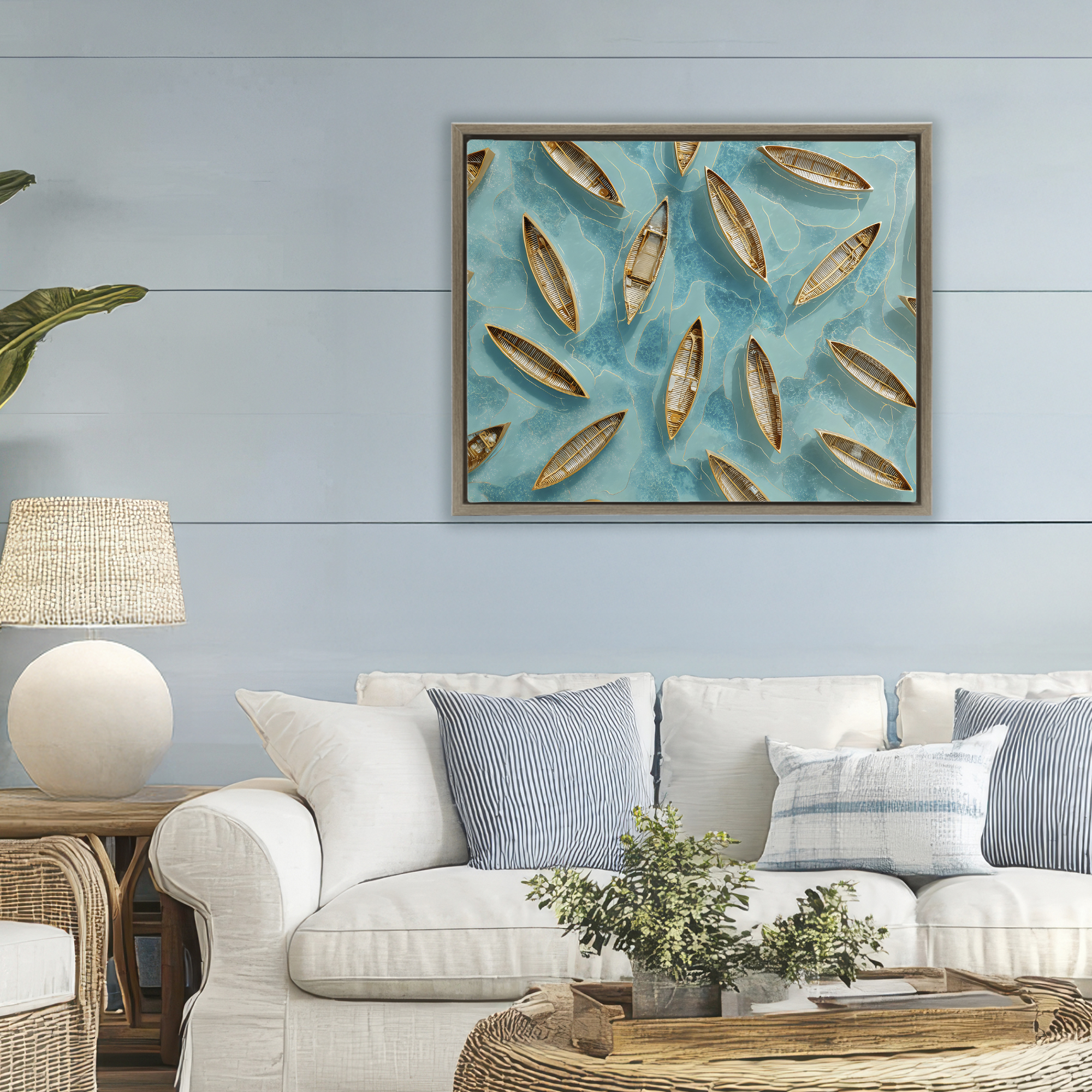 Harmonious Canoes on Water Brown Framed Floater Canvas Wall Art, design by Franklyn Gregory