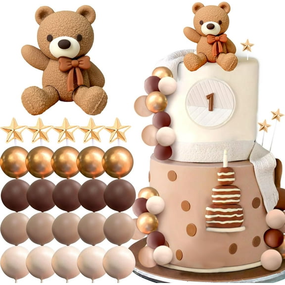 Brown Gold Celebration Cake Decoration Set - 3D Ornaments Star-shaped Spherical Insert Cards Multi-color Combination Decoration Accessories