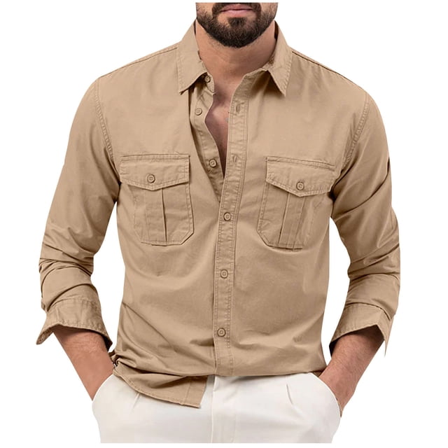 Blusa y camisa de manga larga con cuello vuelto para hombre, con bolsillo de solapa y botones sueltos, blusa de manga larga con solapa para hombre