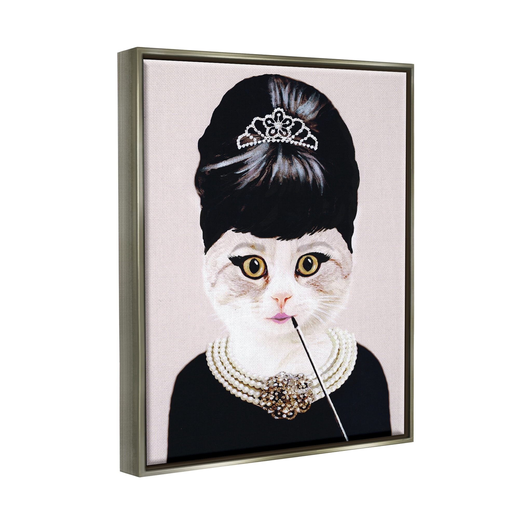 Stupell Industries Fashion Feline Jewelry And Makeup Cat Luster Gray Framed Floating Canvas Wall Art, 24x30, by Coco de Paris