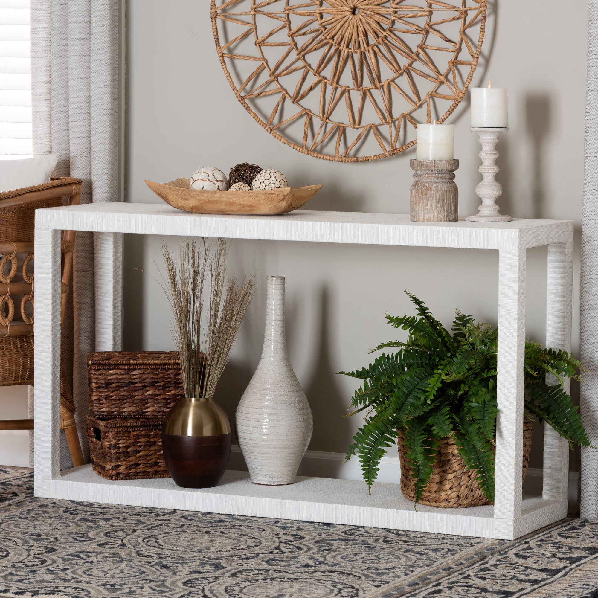 bali & pari Oaklynn Grasscloth Console Table Two-Tier Entryway Table White