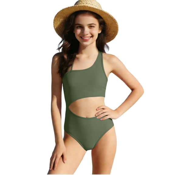 Girls One Shoulder One Piece Swimsuit with Side Cutout, Army Green Chlorine Resistant Bathing Suit for Teens Size 8-16,Size 10-11T