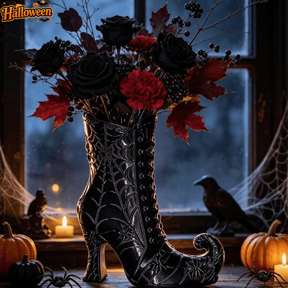 Gothic Halloween Witch Boot Shaped Flower Vase, Resin Floral Container, Black Lace-Up Boot Table Centerpiece Vase For Mantel Dining Table Entryway Halloween Party Fall Home Decor Holiday Ornament