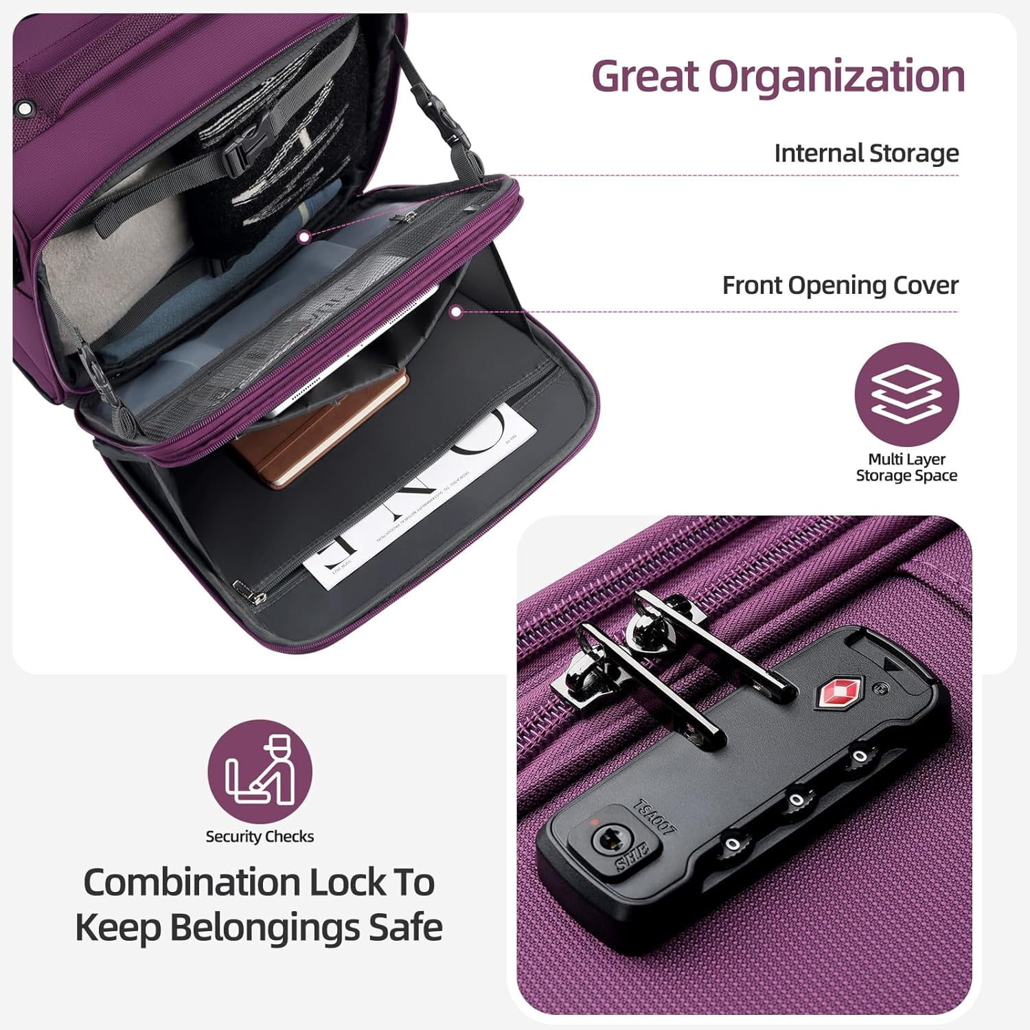TIAWOLT Underseater Carry-On Luggage Airline Approved with Spinner Wheels, 16 Inch Luggage with TSA Lock, Overnight Rolling Softside Suitcases for Women,Purple