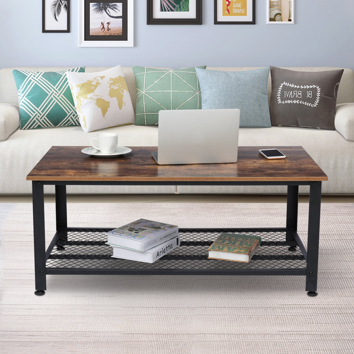 Coffee Table w/ Storage Shelf & Metal Frame & Wood Tabletop Accent Furniture 