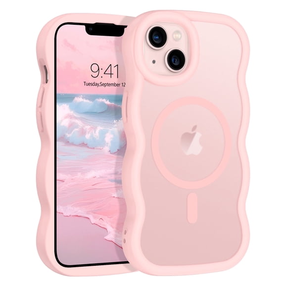 DUEDUE Magnetic for iPhone 13/14 Case 6.1",Compatible with Magsafe,Wavy Frame Cute Design Translucent Matte Shockproof Case for iPhone 13/14,Pink