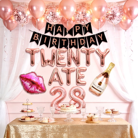 28th Birthday Decorations Kit - "Twenty Ate" Rose Gold Party Supplies Set for Women's Birthday Celebrations
