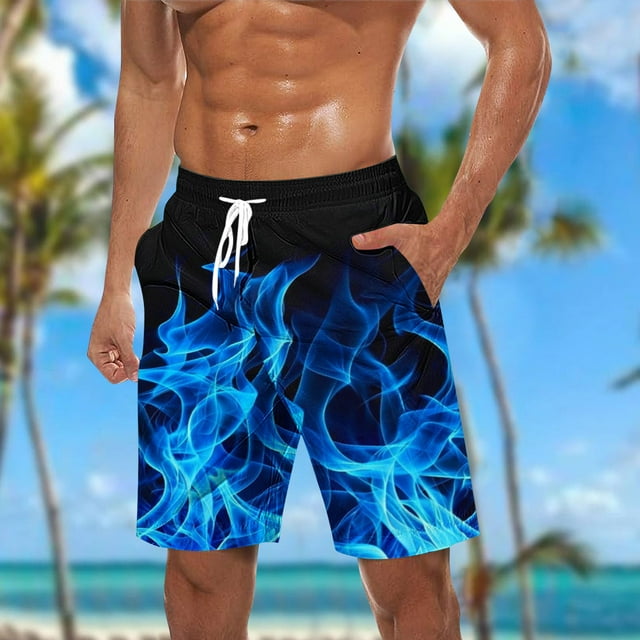 Sentmoon Gym Shorts Men 2025 Summer Lightweight Loose Swim Shorts Flame Print Drawstring Elastic Waist Sweat Shorts with Pockets Trendy Daddy for Runs Workouts Blue M