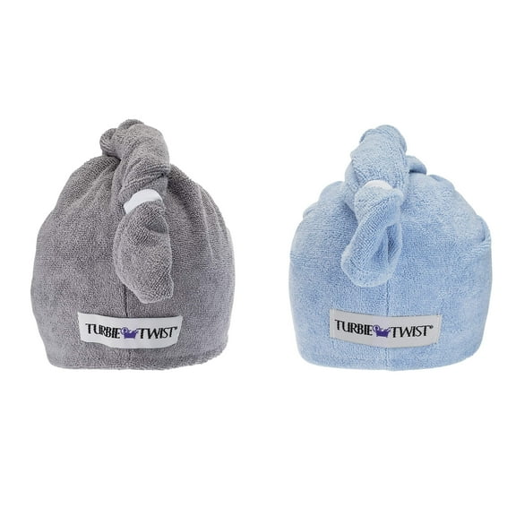 Turbie Twist Super Absorbent Microfiber Hair Towel Wrap - Hands Free Hair Drying Towel - 2 Pack (Grey, Blue) Gray / Blue