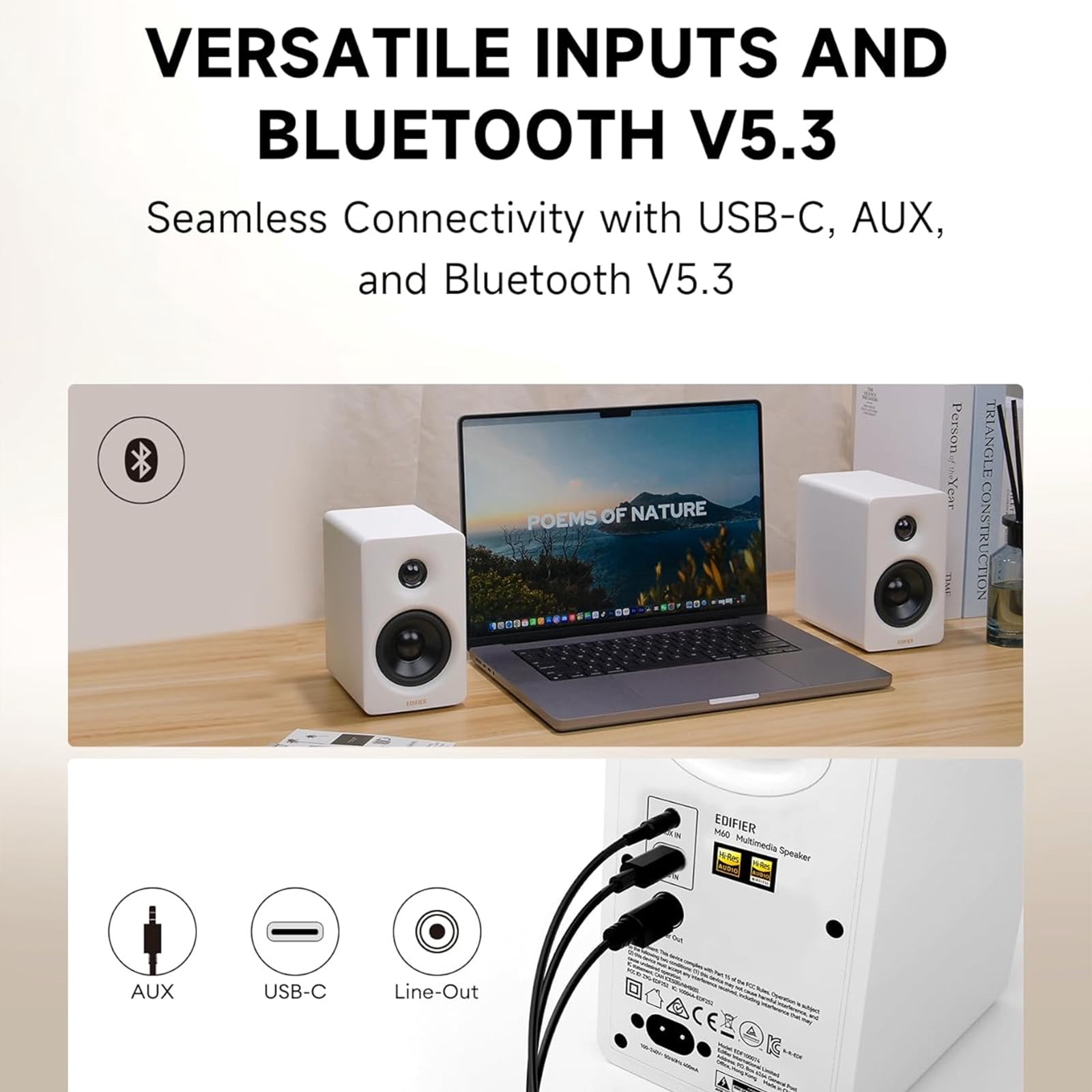 Edifier M60 Bluetooth Compact Desktop 2.0 Speakers - High Res - 66 Watts (Ivory)