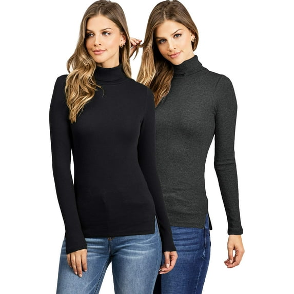 Ambiance Women's Juniors Turtleneck Long Sleeve Ribbed Basic Top - 2 PK (Large, Black+Heather Gray)