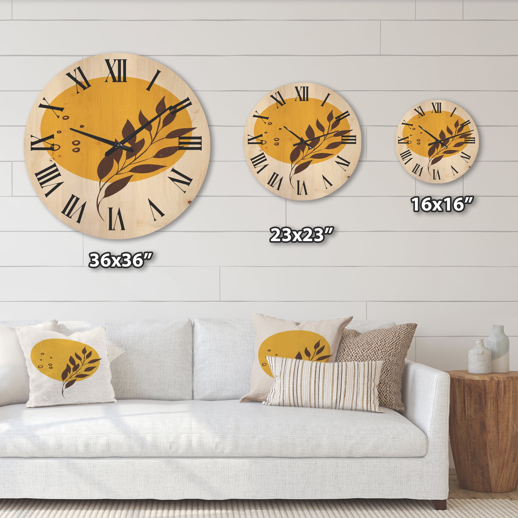 Designart 'Abstract Moon and Yellow Sun With Tropical Leaf II' Modern Wood Wall Clock