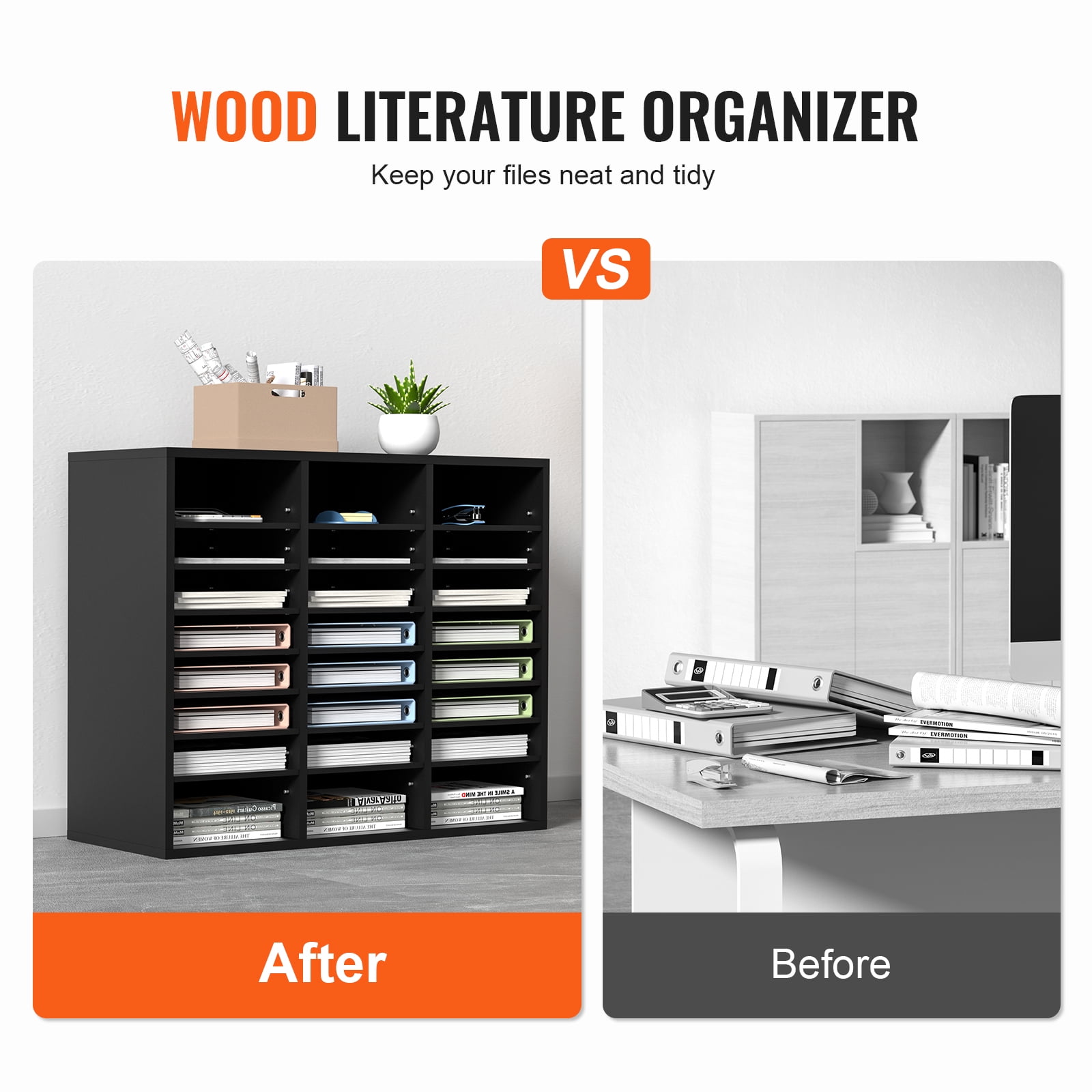 KFFKFF Wooden Document Storage Box Adjustable File Sorter 24 Compartments Black