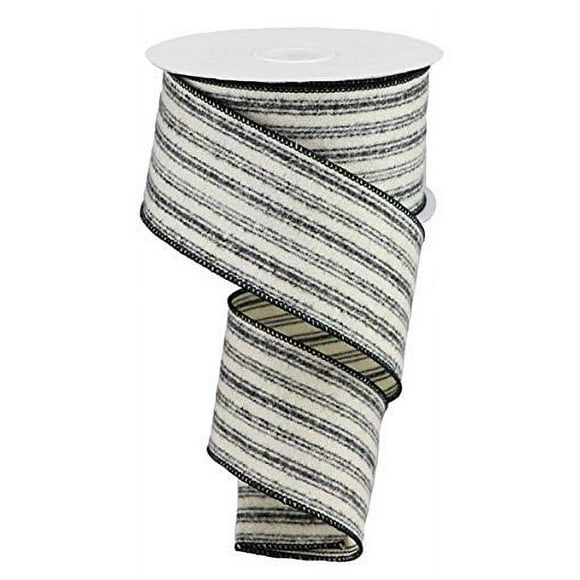 Fuzzy Ticking Stripe on Cotton Wired Edge Ribbon - 10 Yards (Black, Beige, 2.5 Inch)