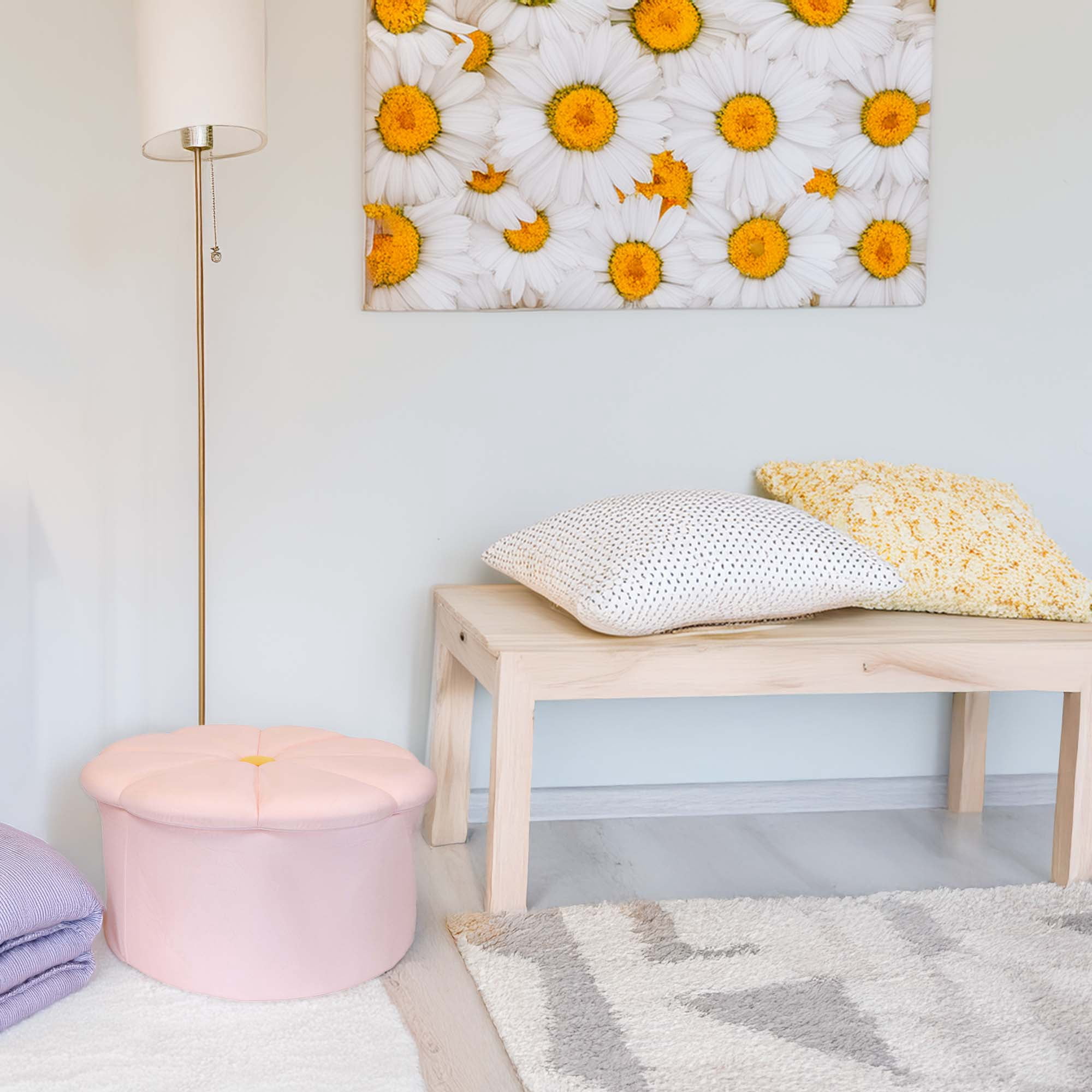 Mainstays Kids Pink Daisy Ottoman with Hidden Storage