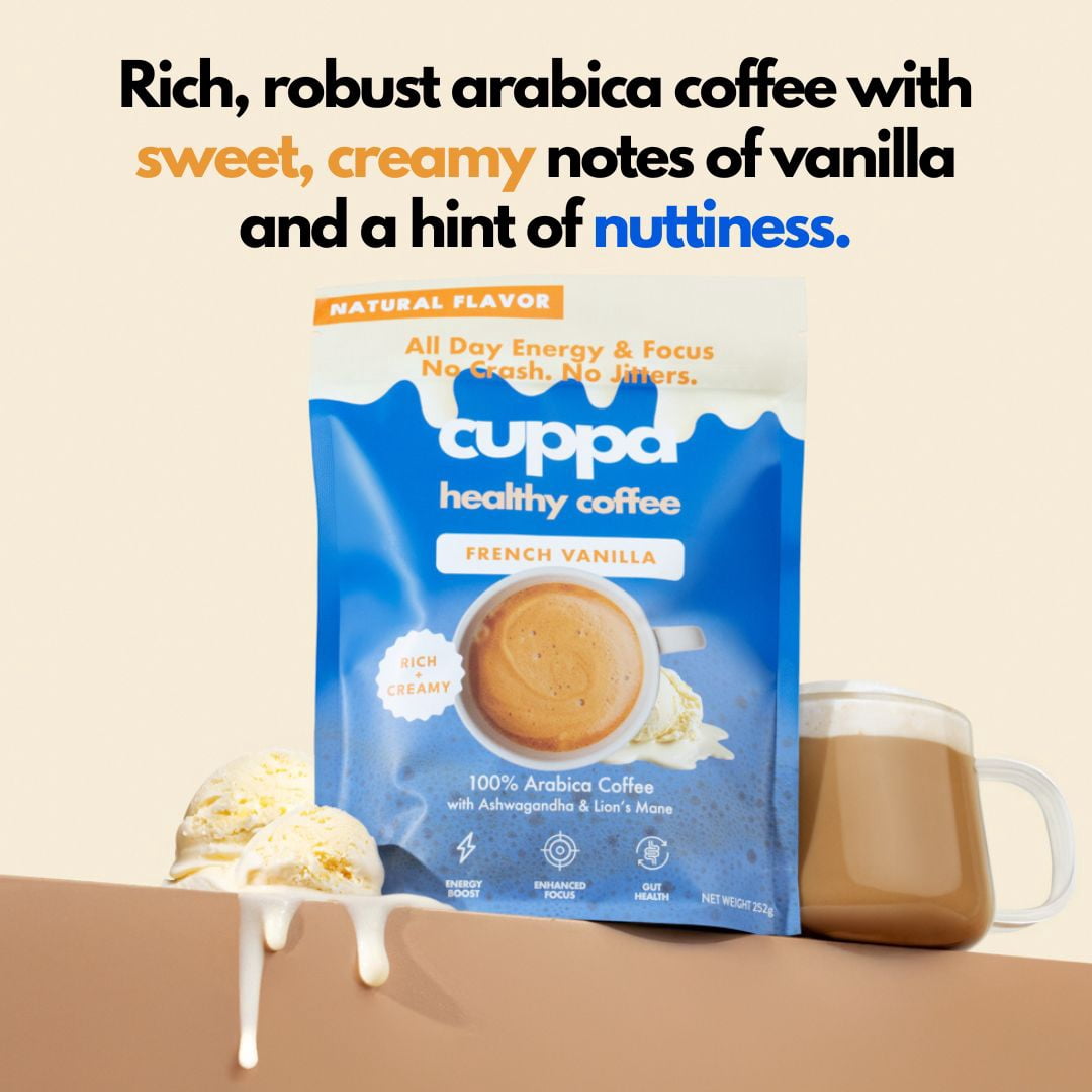 Cuppa French Vanilla Healthy Mushroom Insant Coffee with Lion's Mane & Ashwagandha for All Day Energy & Focus - No Crash or Jitters (30 Servings)