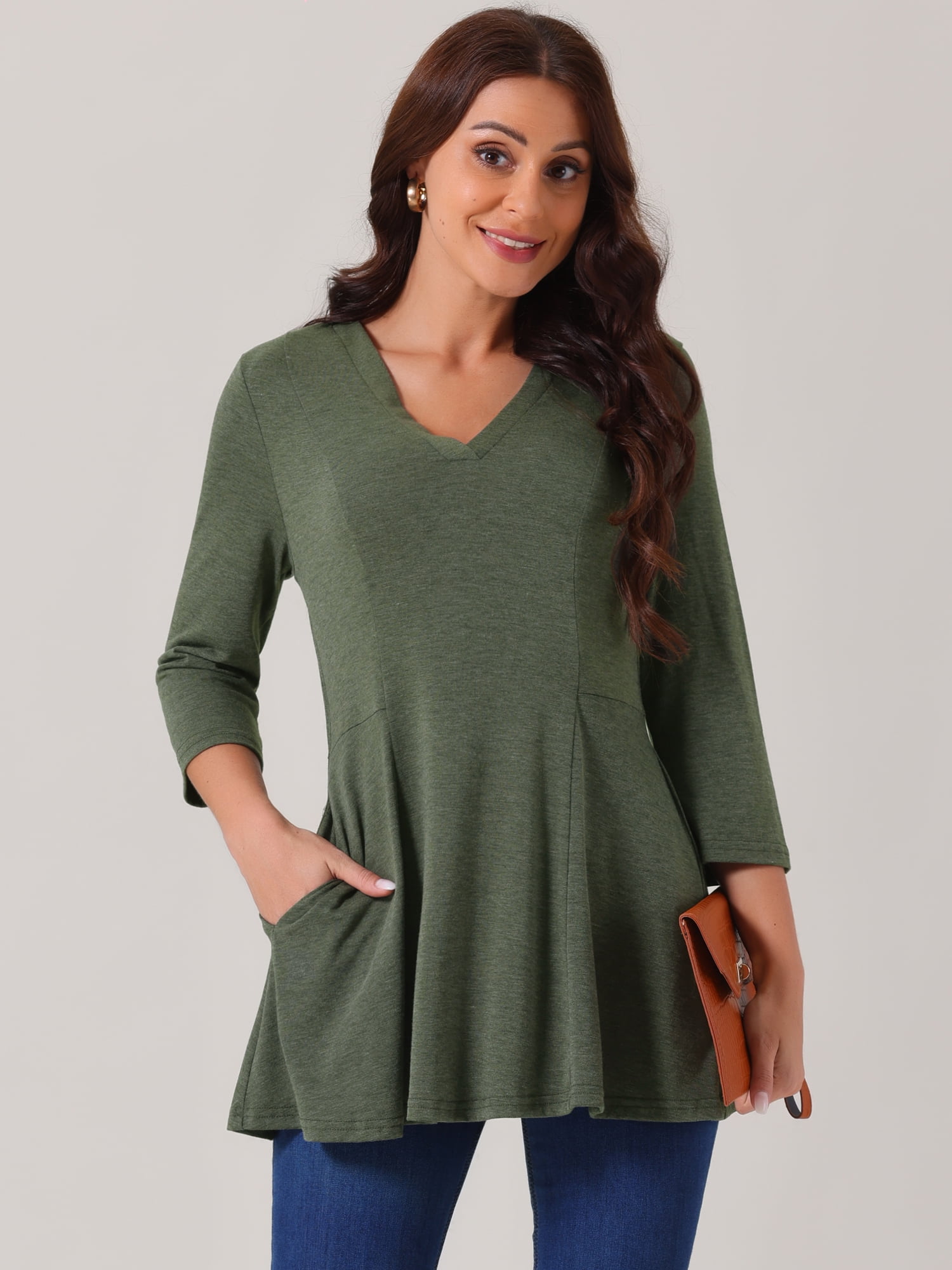 DARING DIVA Women's V Neck 3/4 Sleeve Casual Blouses with Pockets S Green