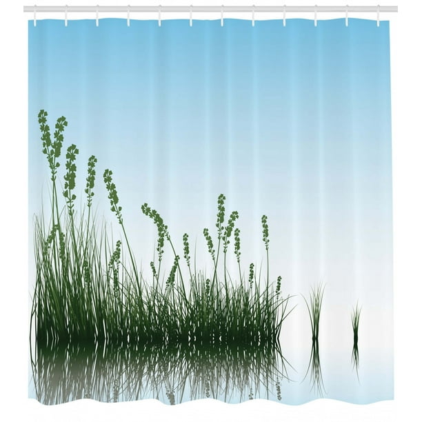 Landscape Shower Curtain, Scenery of a Lake Bushes Grass with