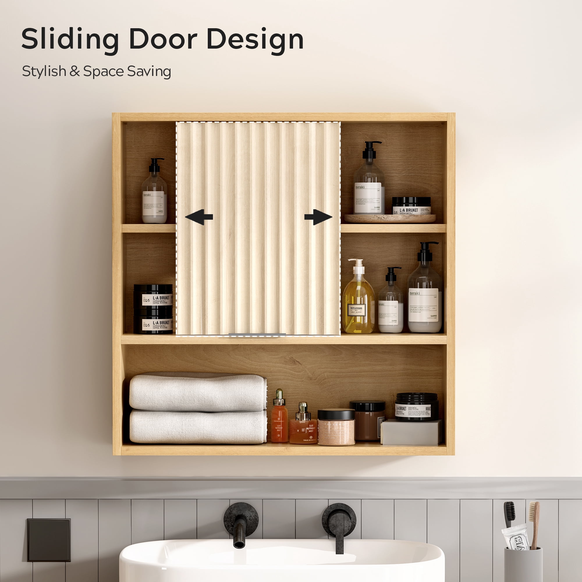 EYYTHUNG Fluted Wall-Mounted Cabinet Bathroom, Modern Medicine Cabinet with Adjustable Shelf Wood Storage Cabinet, Natural Oak