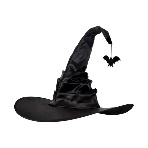 Halloween Witch Hat, Stylish Black Wide Brim Pleated & Crooked Witch Hat with Bat Design, Halloween Costumes