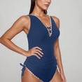 thumbnail image 2 of UTSJKR Trendy V Neck Backless One-Piece Swimsuit for Women Trendy Adjustable Straps Bow Knot Shell Edge Beach Look Blue M, 2 of 4