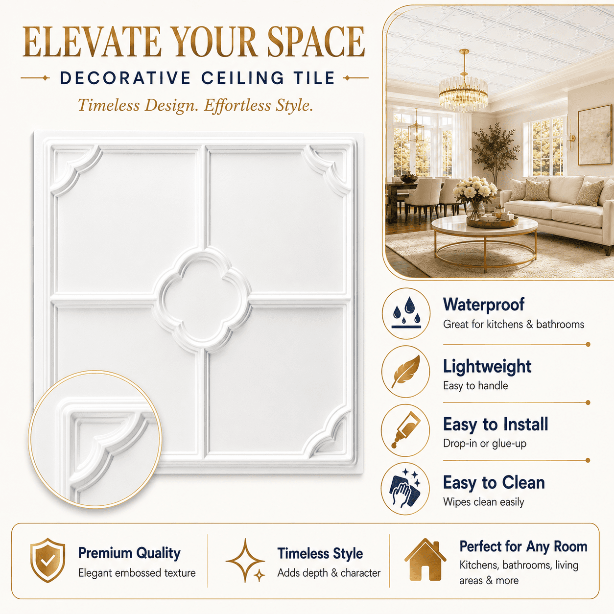 Yeslife 12-Pack Decorative Ceiling Tiles, 2 x 2 ft White Embossed Panels, Waterproof Lightweight Drop-in Glue-up for Living Room Kitchen Bathroom, 48 sq ft