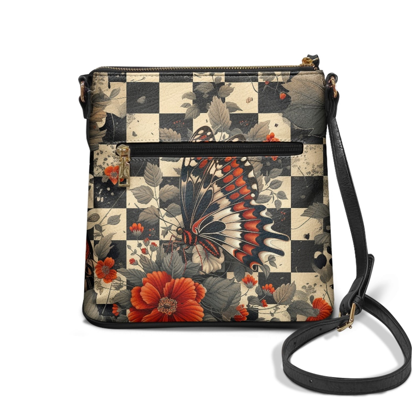 LedBack Checkered Butterfly Print Crossbody Shoulder Bag for Women Leather Satchel Purse Zipper Hobo Bag with Adjustable Strap Women Sling Messenger Bag for Shopping Travel, Black
