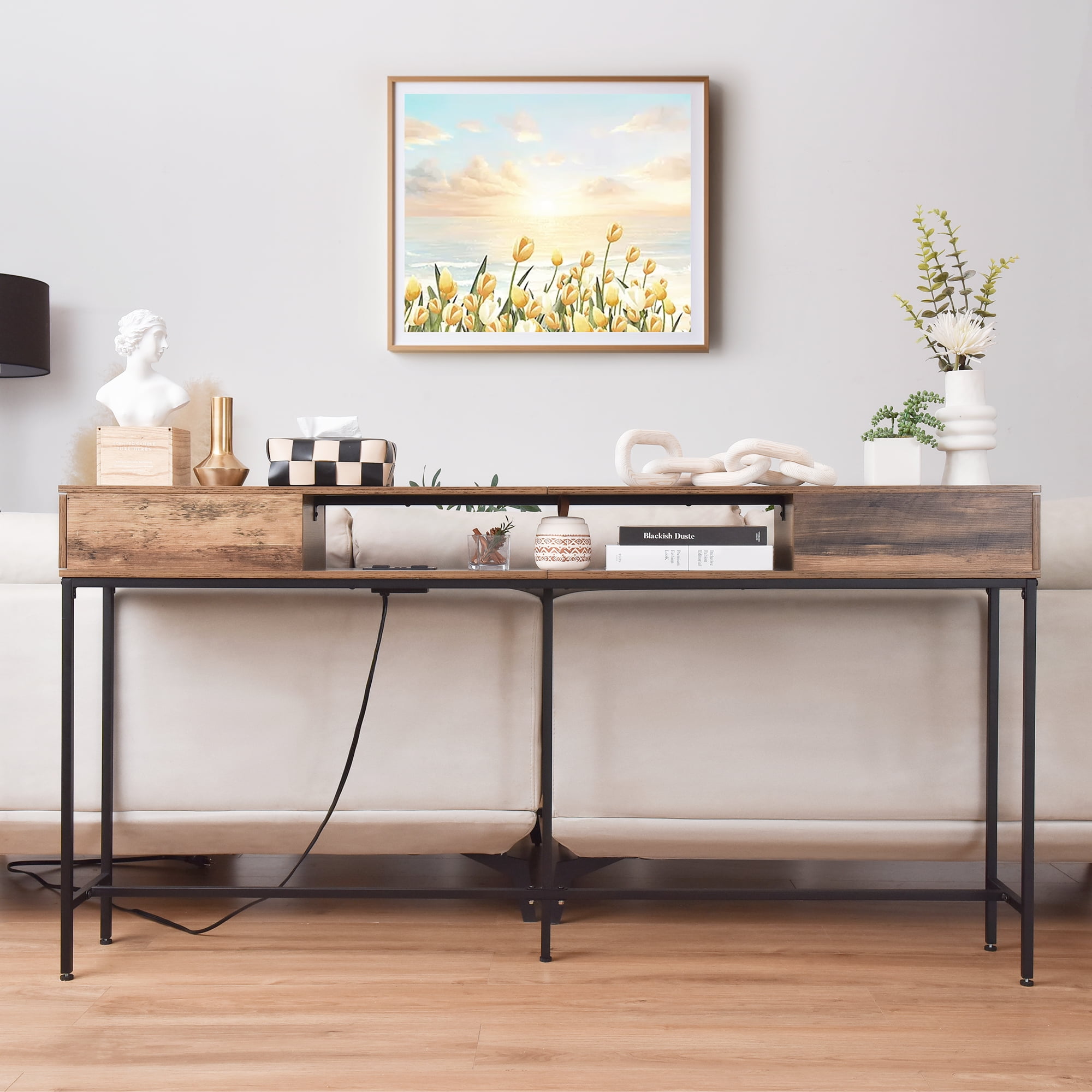 63" Console Table with Drawers and Outlets, Black