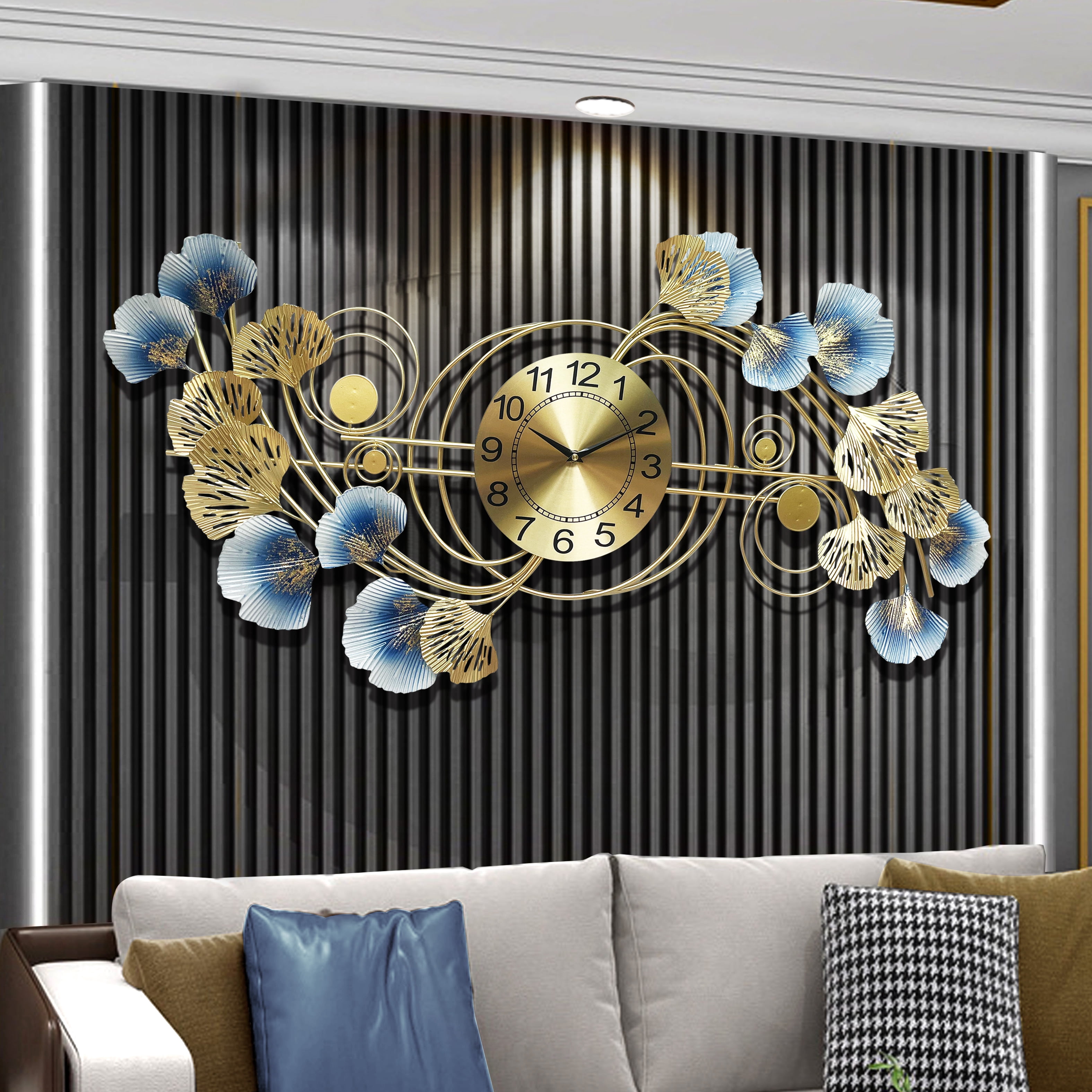 Wall Clocks for Living Room Decor,Large Wall Clock,3D Creative Metal Ginkgo Leaf Design,with Silent Movement Wall Clocks for Home Wall Decor Clock, 17.5 x 33.5 inch