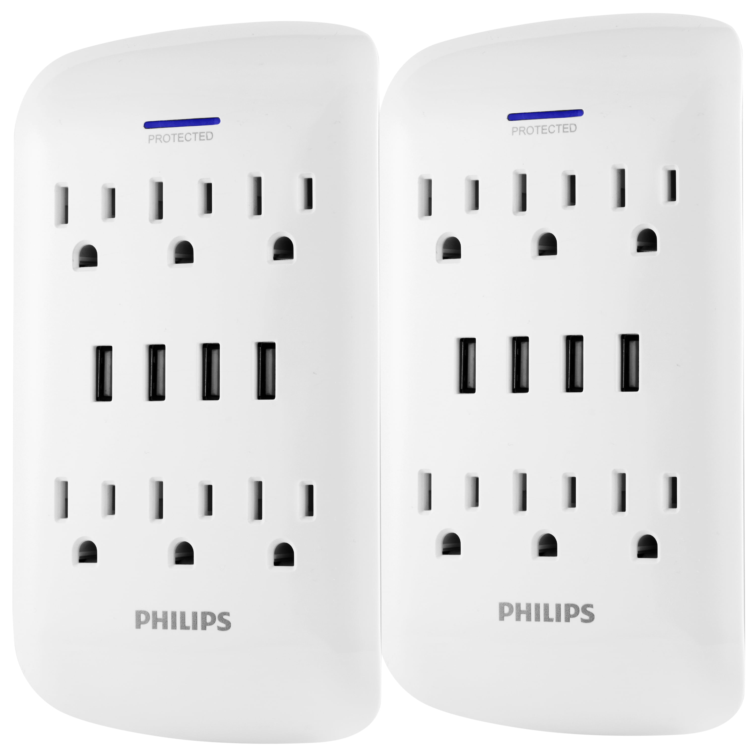 Philips 6Outlet Surge Protector Wall Tap with 4 USB Ports, 2 Pack