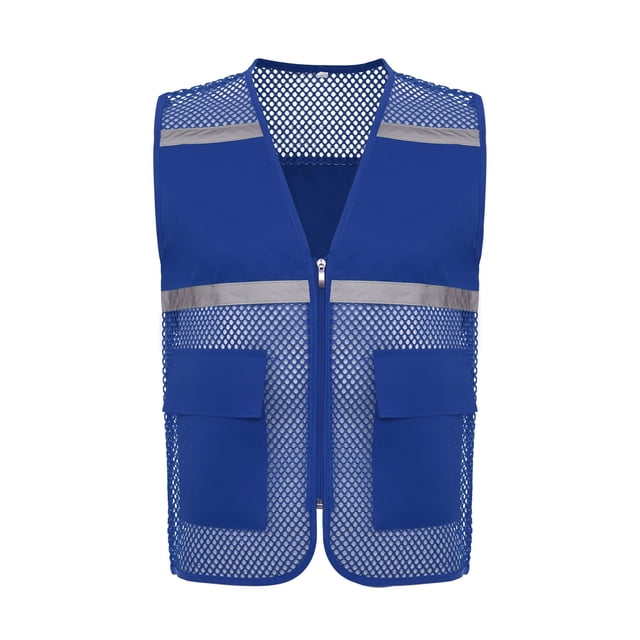 RUNQHUI Men Women Zipper High Visibility Reflective Safety Vest Construction Work Mesh Fabric Work Clothes Dark Blue 180