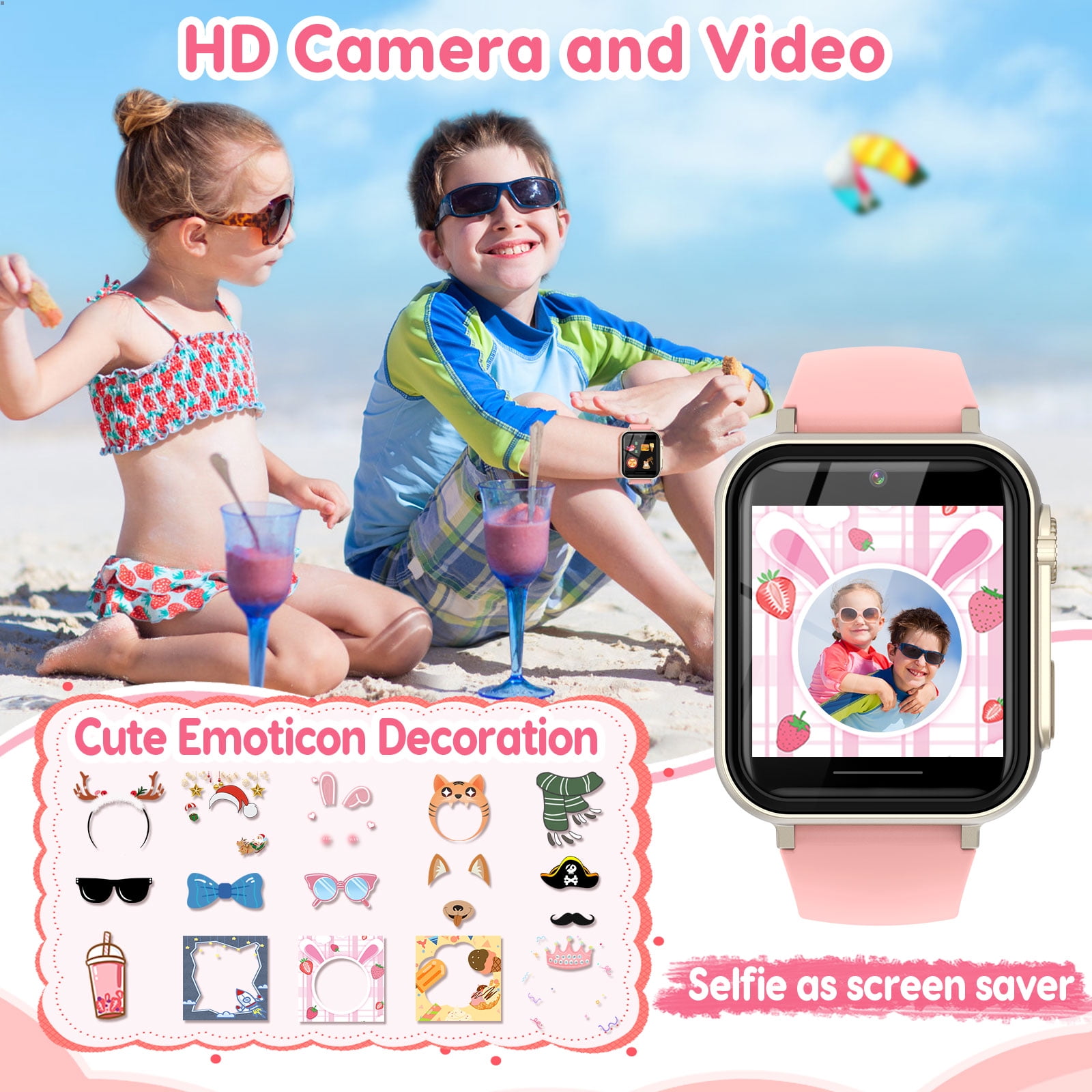 Eurhowing Kids Smart Watch Age 3-12, 31 Games, Learning Cards, HD Touch Screen, Camera, Music, Audiobook, Pedometer, Fun & Educational Birthday Gift Idea, Pink