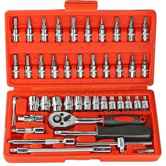 46 In 1 Pcs Tool Kit Screwdriver Socket Set | Multi Purpose Tool Case, For Home Use | Spanner Set, Socket & Wrench Set, Bike Tool Kit, Set Goti Pana Set, Torx | Red, Spinner Handle Tool