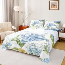 Homewish Blue Hydrangea Twin Sheet Sets,Natural Flower Floral Twin Fitted Sheet,Green Monstera Leaf Flat Sheet For Girl Boy,Microfiber Bedroom Decor,3 Pieces