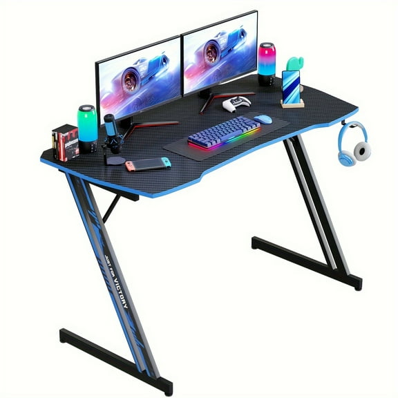 47" Gaming Desk Z Shaped Gaming Desk Large Home Office Desks PC Computer Desk Workstation Study Desk Table Ergonomic Gamer Desk Wood Writing Desk with Headphone Hook for Game Player, Blue
